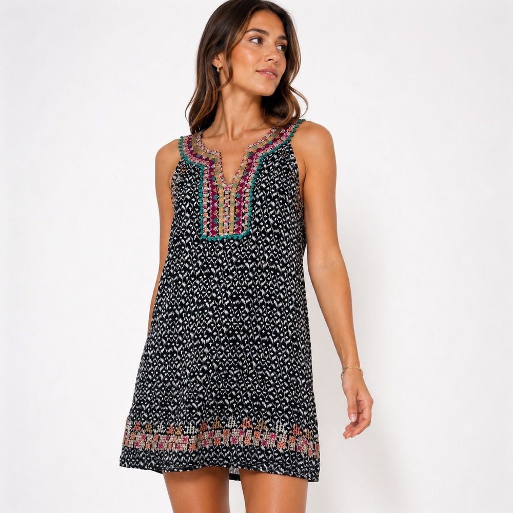 THML Womens Sleeveless Ikat Mini Faye Dress Embroidered Multicolor Boho Size Med